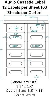 Audio Cassette Label 12 Labels per Sheet/100 Sheets per Carton